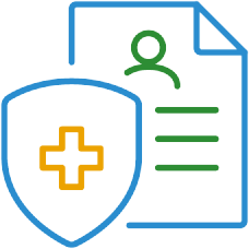 A blue shield with a yellow cross next to a document icon with a green person symbol and three green lines.