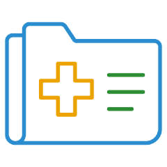 Medical file folder icon with a blue outline, a gold cross, and green horizontal lines.