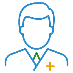 Illustration of a person representing a medical professional with a blue outline, green tie, and yellow plus symbol on the chest.