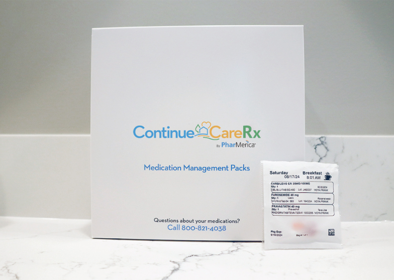 ContinueCareRx medication management pack box with a detailed contents packet in front.