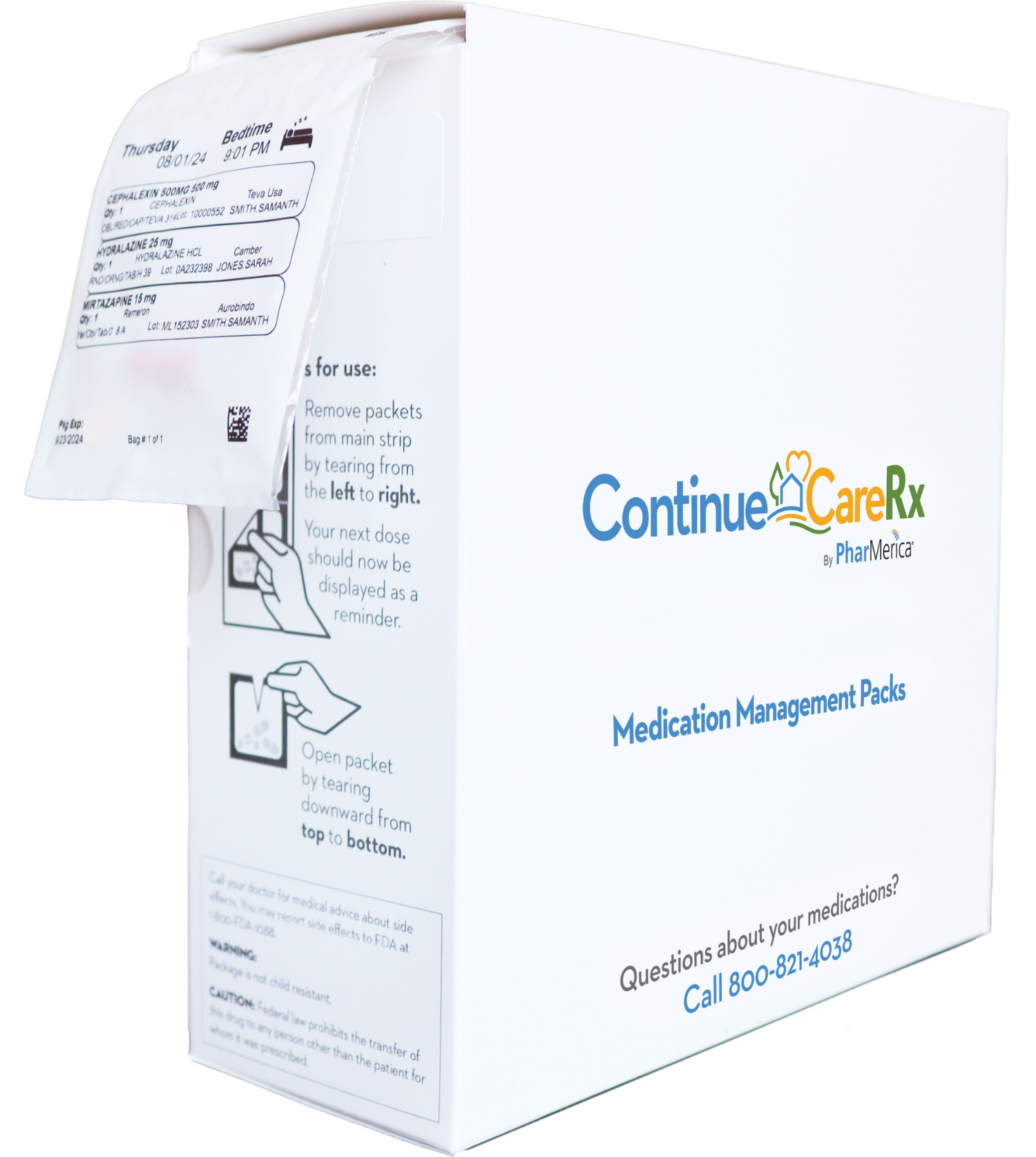 White box for Continue CareRx medication management with instructions and a transparent medication packet attached to the side.